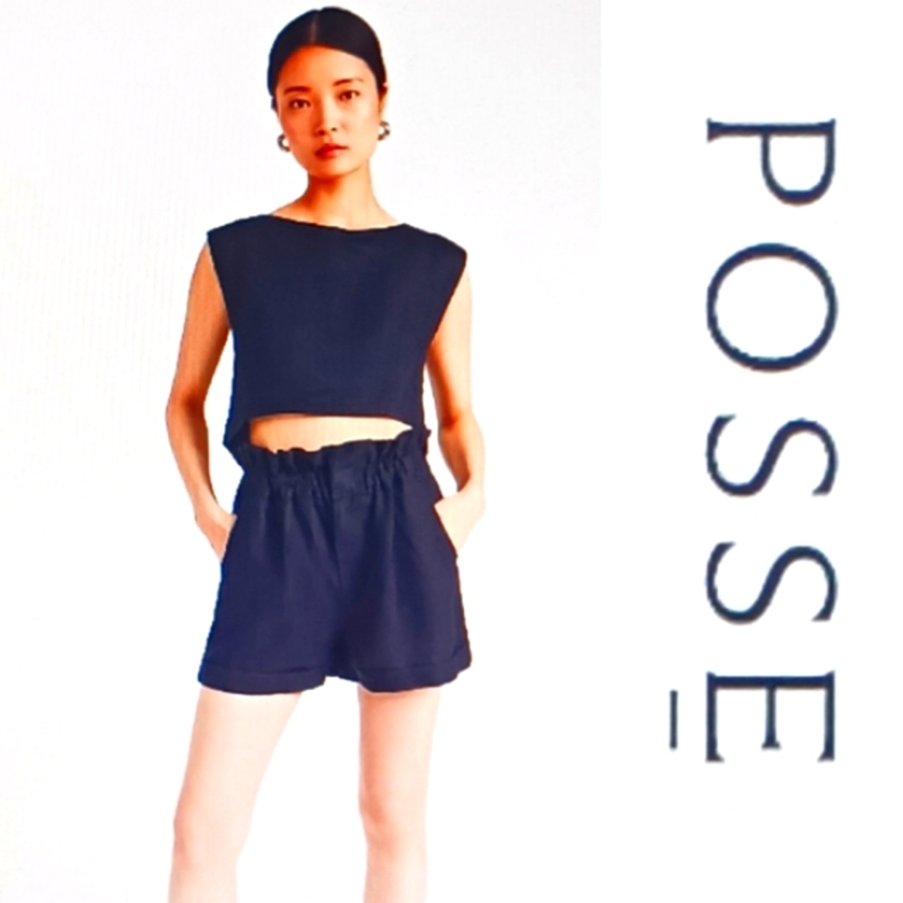 Posse Australia Ducky Oversized Paperbag Waist Blk Linen Shorts w Pockets XL